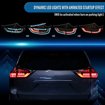 Ronnin - Luces traseras LED completas de mejora para Toyota Sienna 2011-2014 con intermitentes secuenciales + par de montaje de inicio animado | Negro ahumado | Blanco