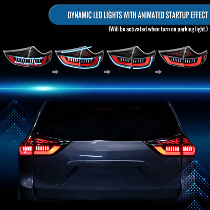 2011-2014 Toyota Sienna Upgrade Full LED Tail Lights Sequential Turn Signals + Animated Startup Assembly Pair | Gloss Black