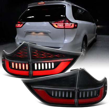2011-2014 Toyota Sienna Upgrade Full LED Tail Lights Sequential Turn Signals + Animated Startup Assembly Pair | Gloss Black