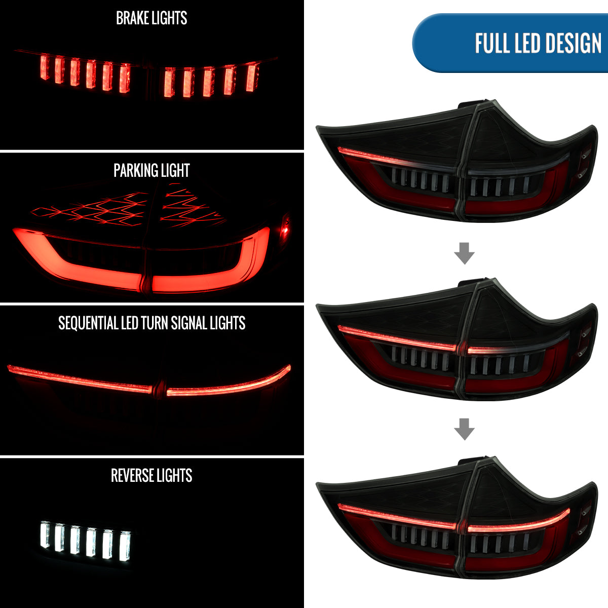 Ronnin - Compatible con Toyota Sienna 2011-2014, Luces traseras LED completas mejoradas, Señales de giro secuenciales + Montaje de arranque animado, Par | Negro Ahumado | Rojo