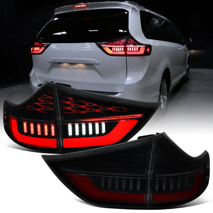 Ronnin - Compatible con Toyota Sienna 2011-2014, Luces traseras LED completas mejoradas, Señales de giro secuenciales + Montaje de arranque animado, Par | Negro Ahumado | Rojo