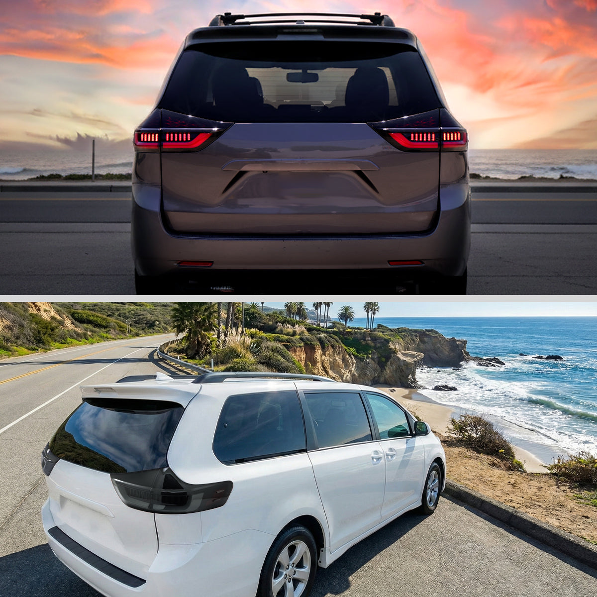 Ronnin - Se adapta a Toyota Sienna 2015-2020 Mejora de luces traseras LED completas con intermitentes secuenciales + par de montaje de arranque animado | Negro Humo | Blanco