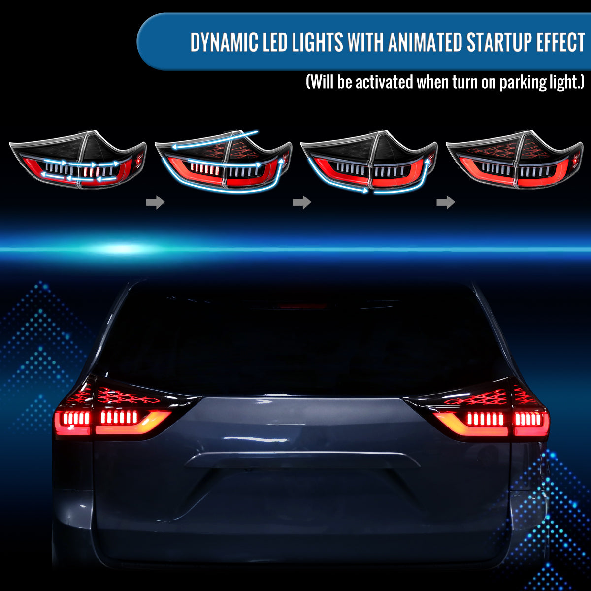 Ronnin - Compatible con Toyota Sienna 2015-2020 Luces Traseras LED Completas Mejoradas Direccionales Secuenciales + Montaje de Encendido Animado Par | Negro Brillante