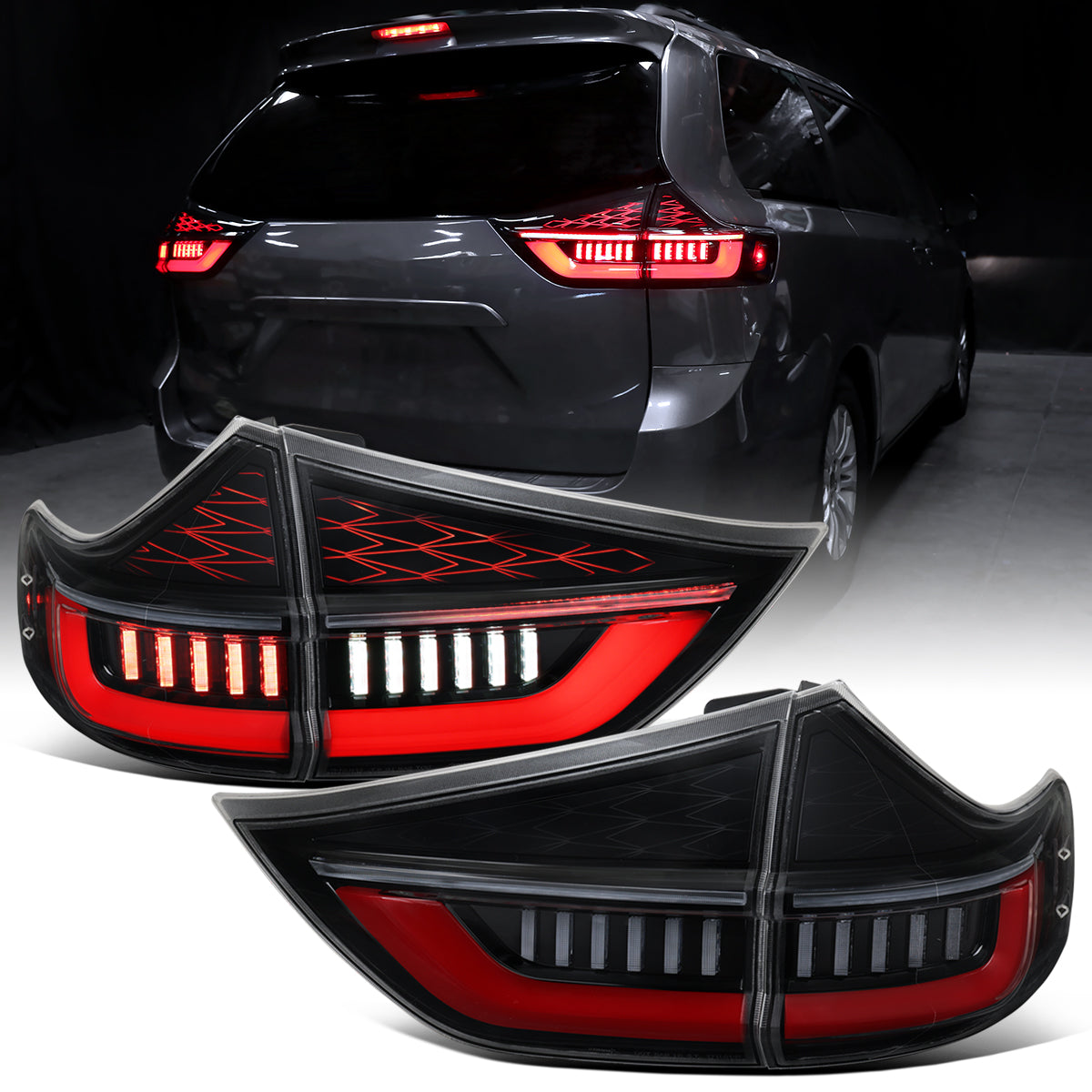 Ronnin - Compatible con Toyota Sienna 2015-2020 Luces Traseras LED Completas Mejoradas Direccionales Secuenciales + Montaje de Encendido Animado Par | Negro Brillante