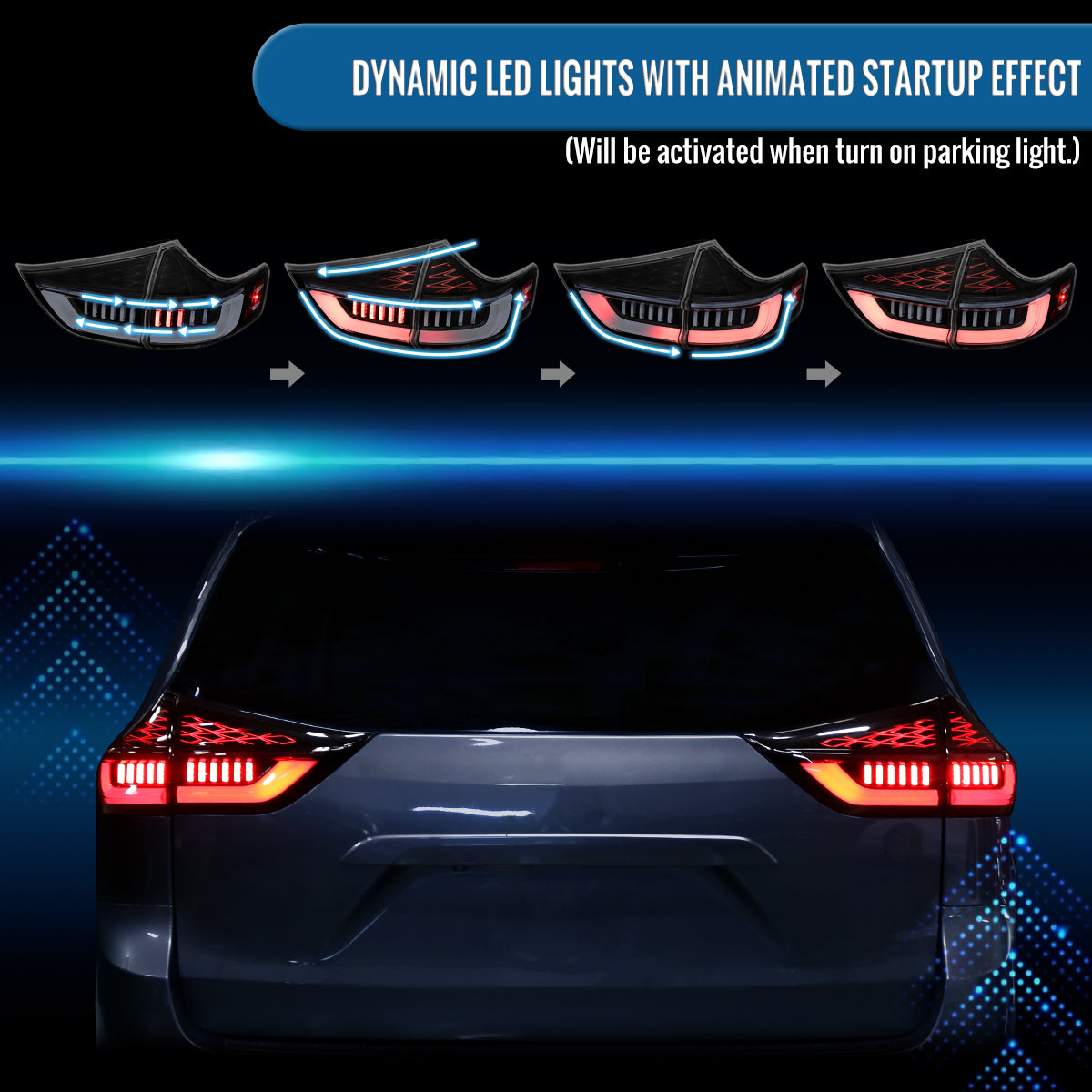 2015-2020 Toyota Sienna Upgrade Full LED Tail Lights Sequential Turn Signals + Animated Startup Assembly Pair | Black