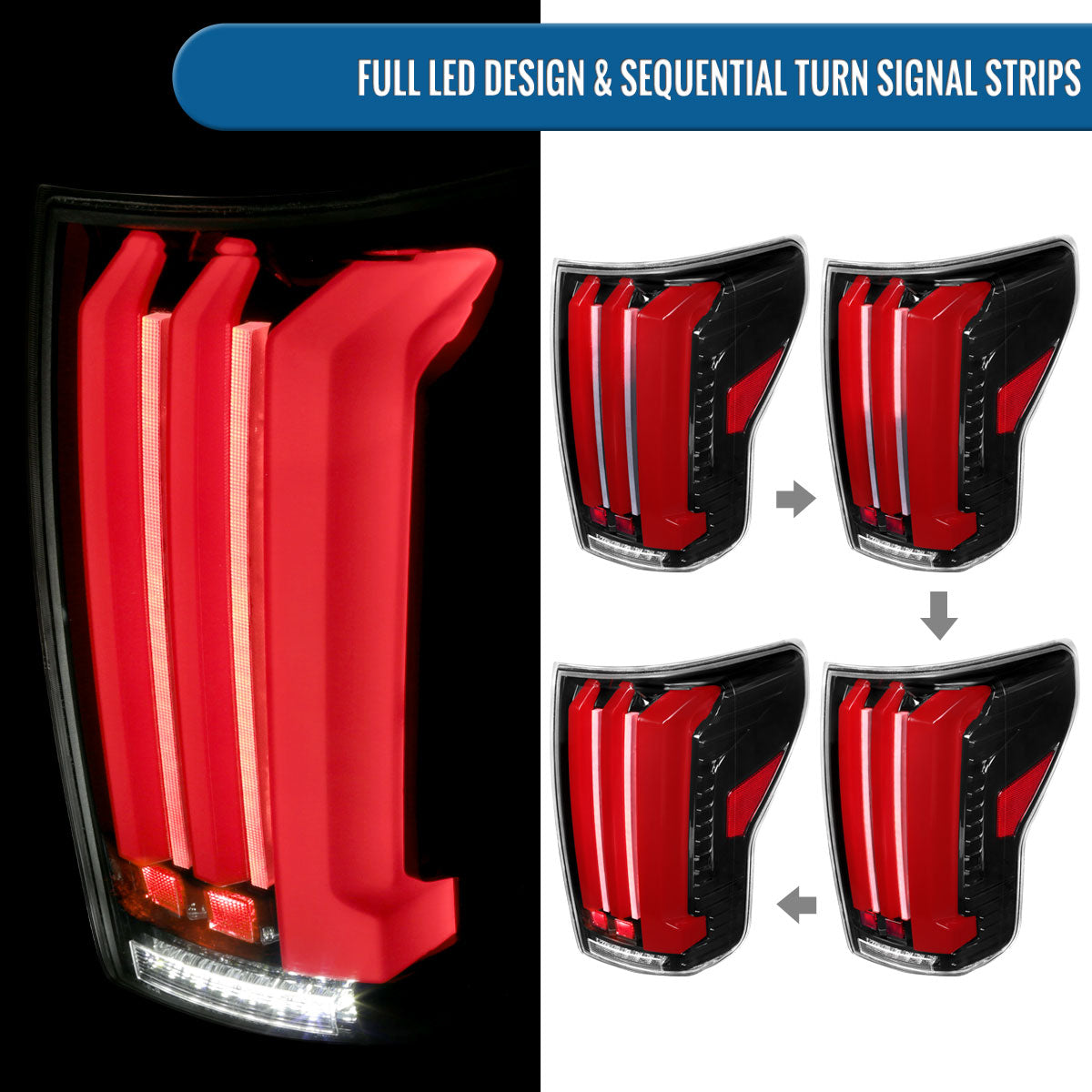 Ronnin - Fits 2007-2013 Toyota Tundra Pickup Truck Full LED Tail Lights Integrated Brake and Sequential Turn Signals + Animated Startup Effect Parking Assembly Pair | Glossy Black
