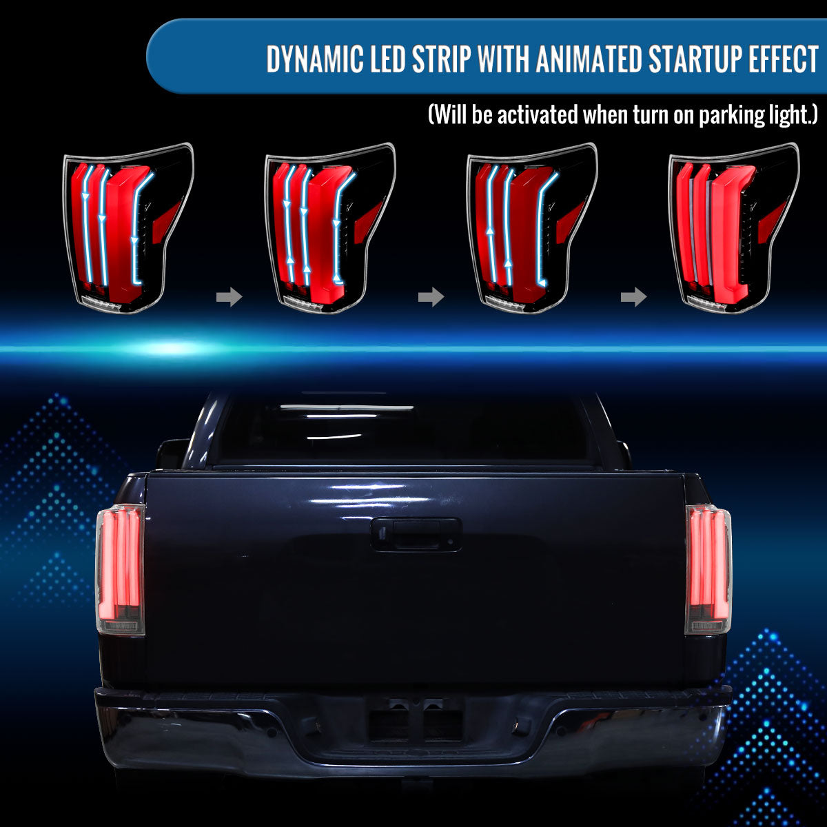 Ronnin - Fits 2007-2013 Toyota Tundra Pickup Truck Full LED Tail Lights Integrated Brake and Sequential Turn Signals + Animated Startup Effect Parking Assembly Pair | Glossy Black