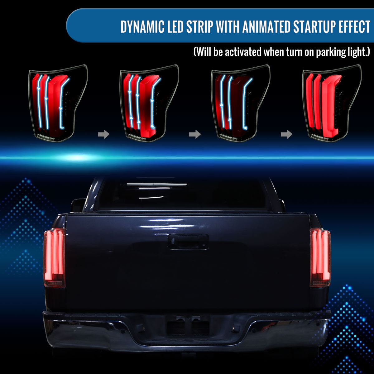 Ronnin - Fits 2007-2013 Toyota Tundra Pickup Truck Full LED Tail Lights Integrated Brake and Sequential Turn Signals + Animated Startup Effect Parking Assembly Pair | Black Smoke