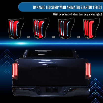 Ronnin - Fits 2007-2013 Toyota Tundra Pickup Truck Full LED Tail Lights Integrated Brake and Sequential Turn Signals + Animated Startup Effect Parking Assembly Pair | Black Smoke