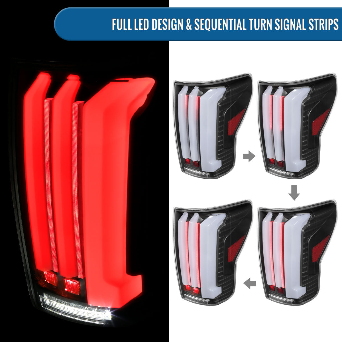 Ronnin - Fits 2007-2013 Toyota Tundra Pickup Truck Full LED Tail Lights Integrated Brake and Sequential Turn Signals + Animated Startup Effect Parking Assembly Pair | Black