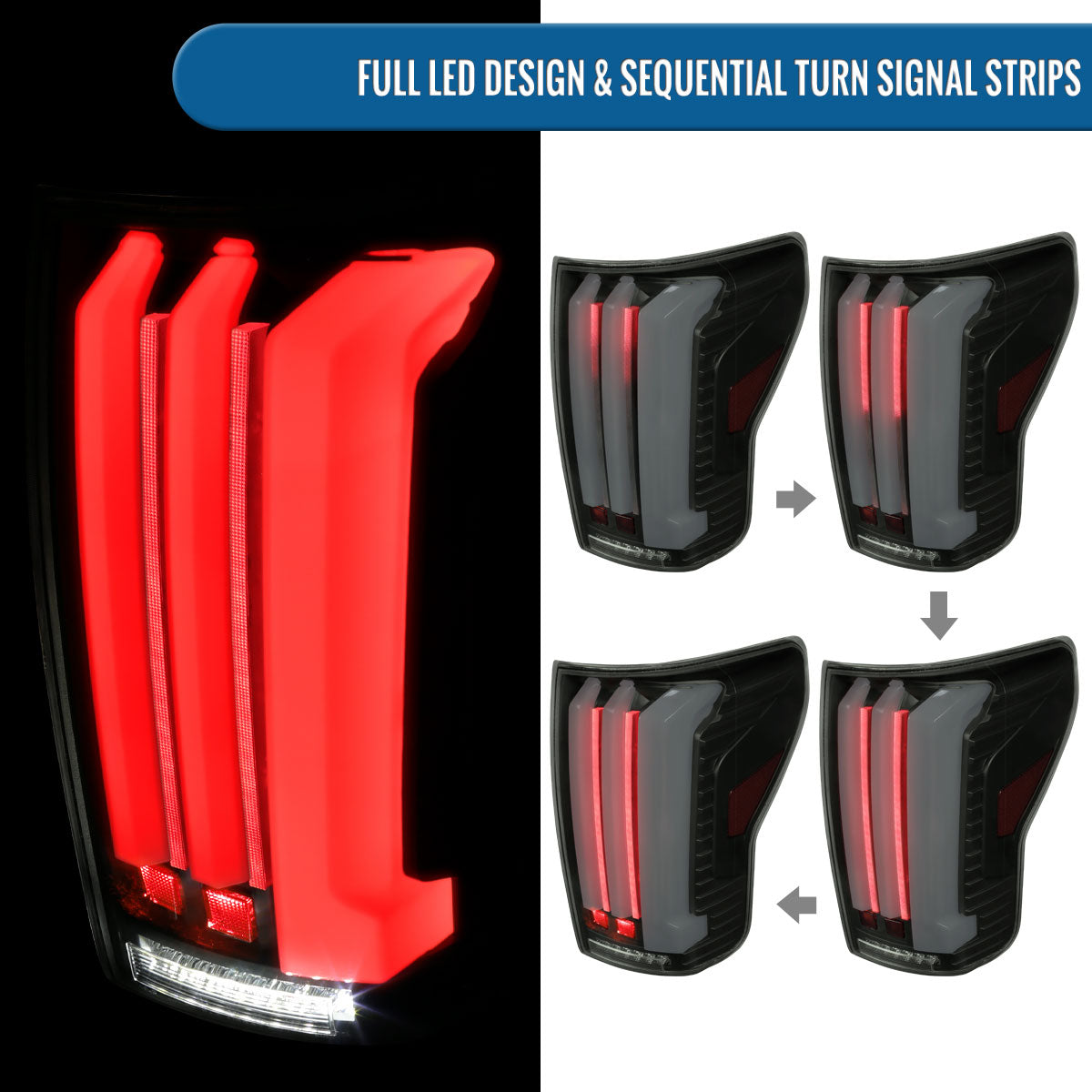 Ronnin - Fits 2007-2013 Toyota Tundra Pickup Truck Full LED Tail Lights Integrated Brake and Sequential Turn Signals + Animated Startup Effect Parking Assembly Pair | Black Smoke | White Tube