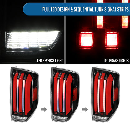 Ronnin - Fits 2014-2021 Toyota Tundra Pickup Truck Full LED Tail Lights Integrated Brake and Sequential Turn Signals + Animated Startup Effect Parking Assembly Pair | Glossy Black