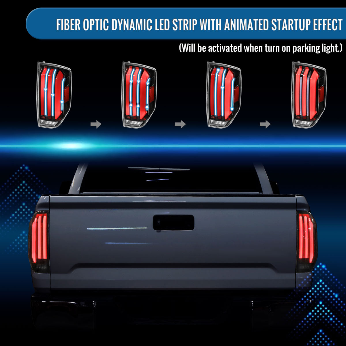 Ronnin - Fits 2014-2021 Toyota Tundra Pickup Truck Full LED Tail Lights Integrated Brake and Sequential Turn Signals + Animated Startup Effect Parking Assembly Pair | Glossy Black