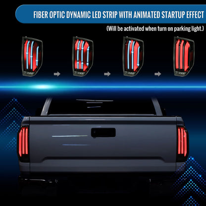 Ronnin - Fits 2014-2021 Toyota Tundra Pickup Truck Full LED Tail Lights Integrated Brake and Sequential Turn Signals + Animated Startup Effect Parking Assembly Pair | Black Smoke