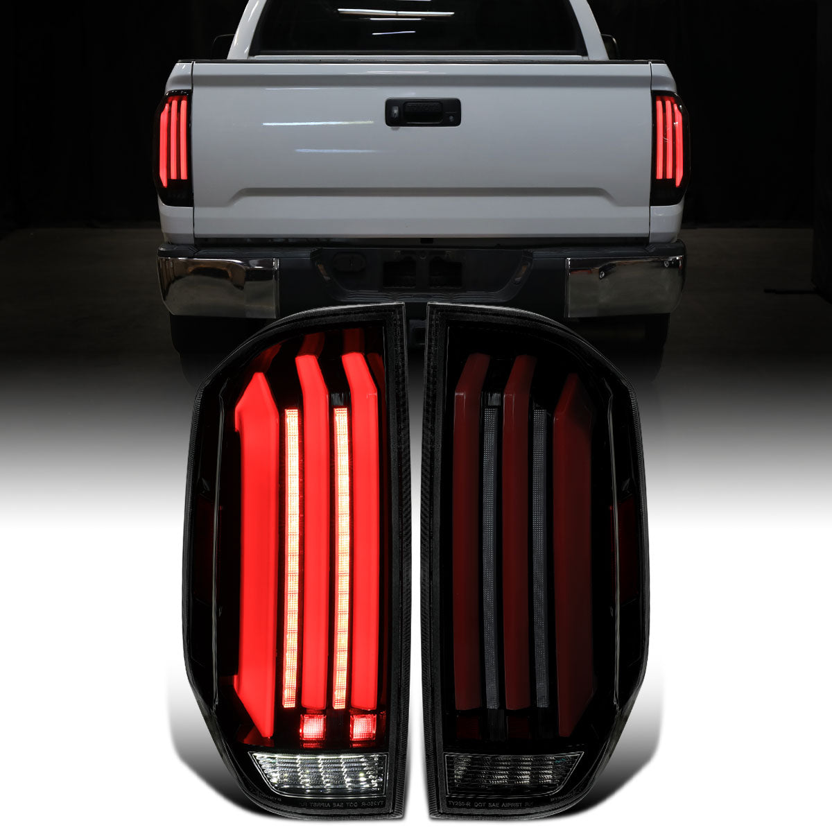 Ronnin - Fits 2014-2021 Toyota Tundra Pickup Truck Full LED Tail Lights Integrated Brake and Sequential Turn Signals + Animated Startup Effect Parking Assembly Pair | Black Smoke