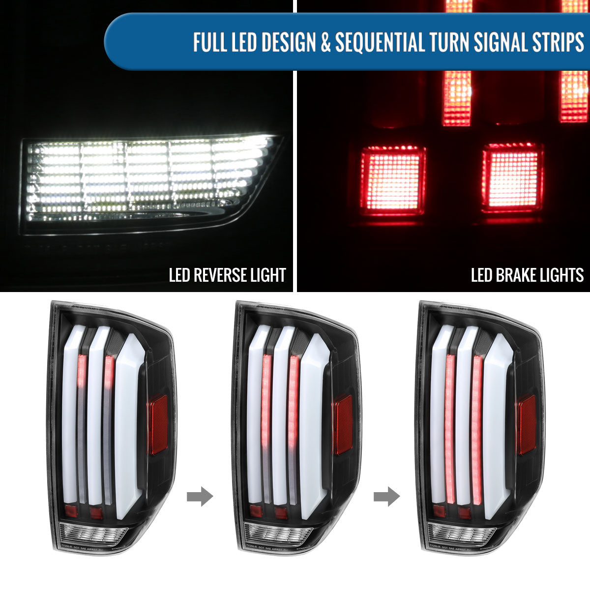 Ronnin - Fits 2014-2021 Toyota Tundra Pickup Truck Full LED Tail Lights Integrated Brake and Sequential Turn Signals + Animated Startup Effect Parking Assembly Pair | Black