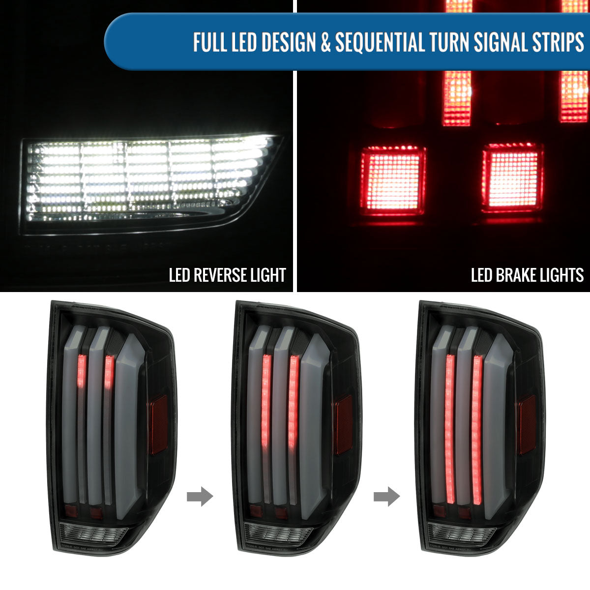 Ronnin - Fits 2014-2021 Toyota Tundra Pickup Truck Full LED Tail Lights Integrated Brake and Sequential Turn Signals + Animated Startup Effect Parking Assembly Pair | Black Smoke | White Tube