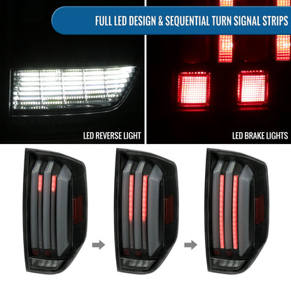 Ronnin - Fits 2014-2021 Toyota Tundra Pickup Truck Full LED Tail Lights Integrated Brake and Sequential Turn Signals + Animated Startup Effect Parking Assembly Pair | Black Smoke | White Tube