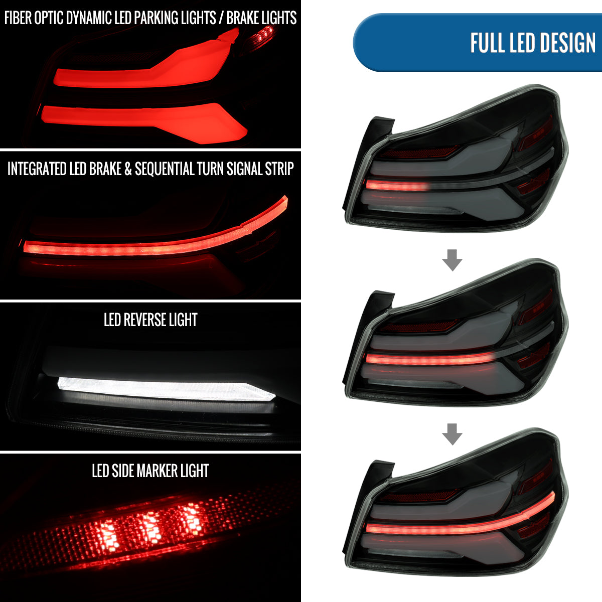 Ronnin - Fits 2015-2021 Subaru WRX | WRX STI US Spec Full LED Tail Lights Animated Startup Effect + Sequential Signal Lamps Assembly Pair | Black Smoke | White Tube