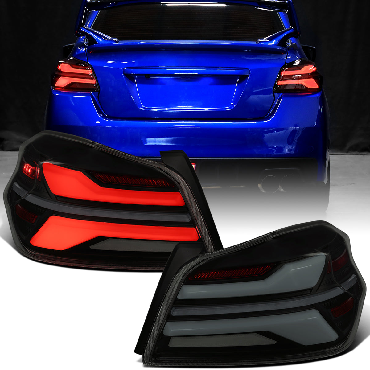Ronnin - Fits 2015-2021 Subaru WRX | WRX STI US Spec Full LED Tail Lights Animated Startup Effect + Sequential Signal Lamps Assembly Pair | Black Smoke | White Tube