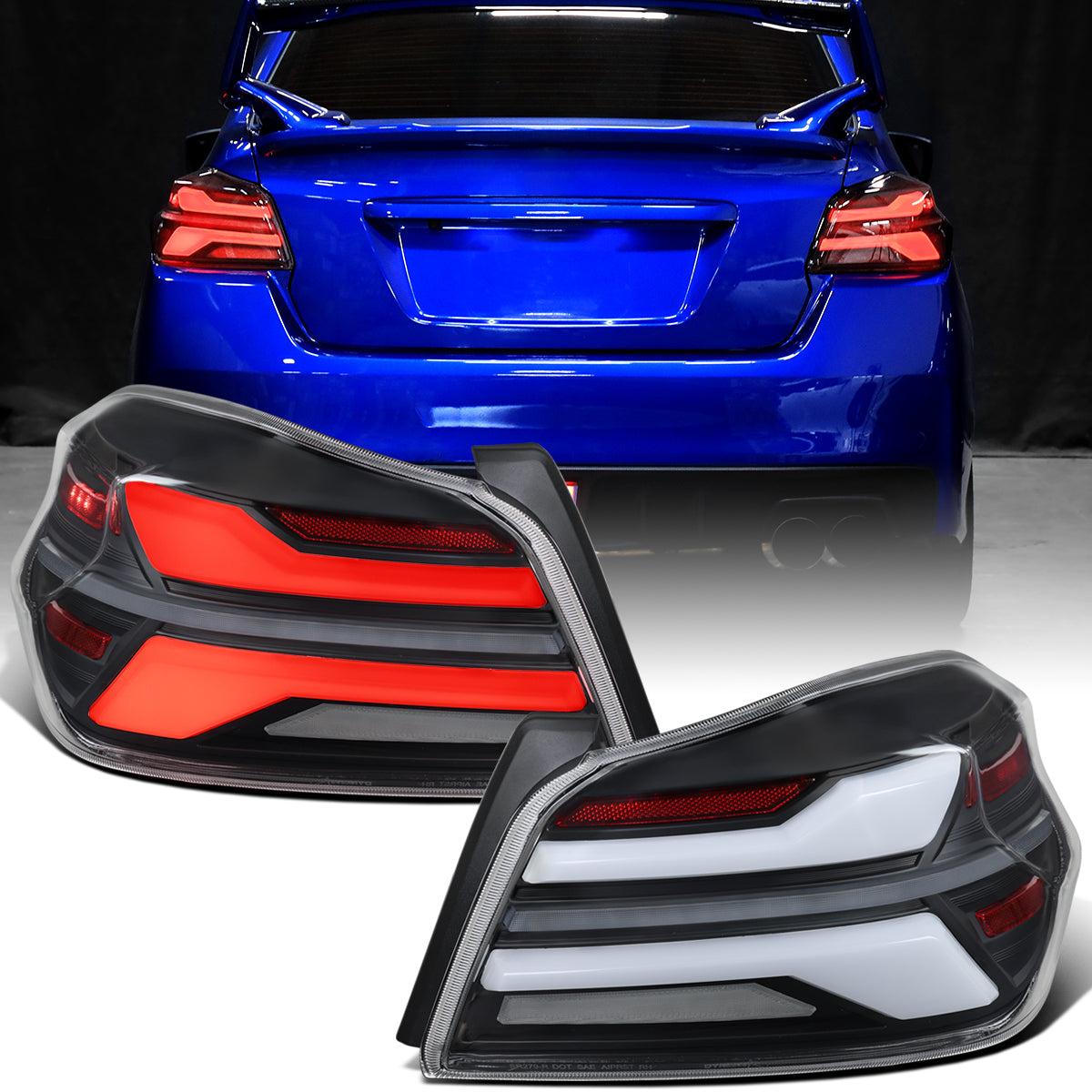 Ronnin - Fits 2015-2021 Subaru WRX | WRX STI US Spec Full LED Tail Lights Animated Startup Effect + Sequential Signal Lamps Assembly Pair | Black | White Tube