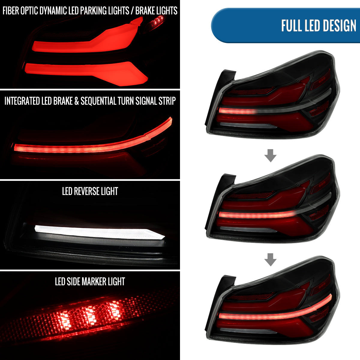 Ronnin - Fits 2015-2021 Subaru WRX | WRX STI US Spec Full LED Tail Lights Animated Startup Effect + Sequential Signal Lamps Assembly Pair | Black Smoke