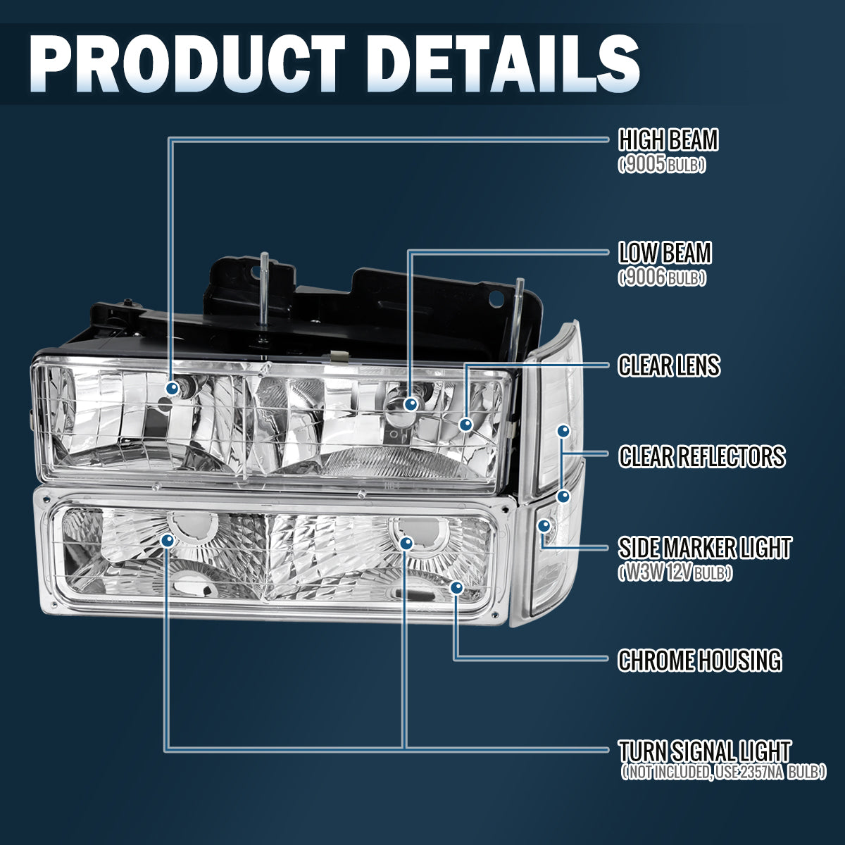 Ronnin - Compatible con GMC C10 C/K Suburban Yukon Sierra de 1994 a 1998 Faros con reflector transparente + Luces de esquina + Conjunto de luces de estacionamiento de parachoques Par | Cromado