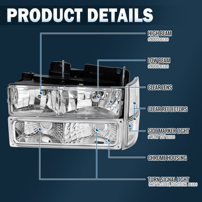 Ronnin - Compatible con GMC C10 C/K Suburban Yukon Sierra de 1994 a 1998 Faros con reflector transparente + Luces de esquina + Conjunto de luces de estacionamiento de parachoques Par | Cromado