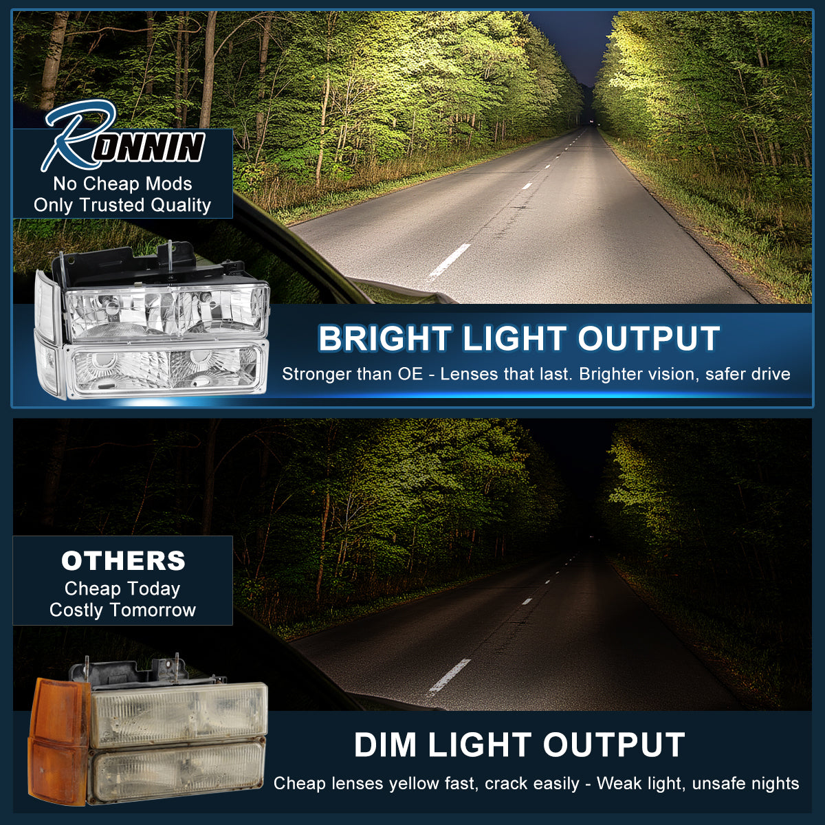 Ronnin - Compatible con GMC C10 C/K Suburban Yukon Sierra de 1994 a 1998 Faros con reflector transparente + Luces de esquina + Conjunto de luces de estacionamiento de parachoques Par | Cromado