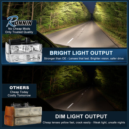 Ronnin - Compatible con GMC C10 C/K Suburban Yukon Sierra de 1994 a 1998 Faros con reflector transparente + Luces de esquina + Conjunto de luces de estacionamiento de parachoques Par | Cromado