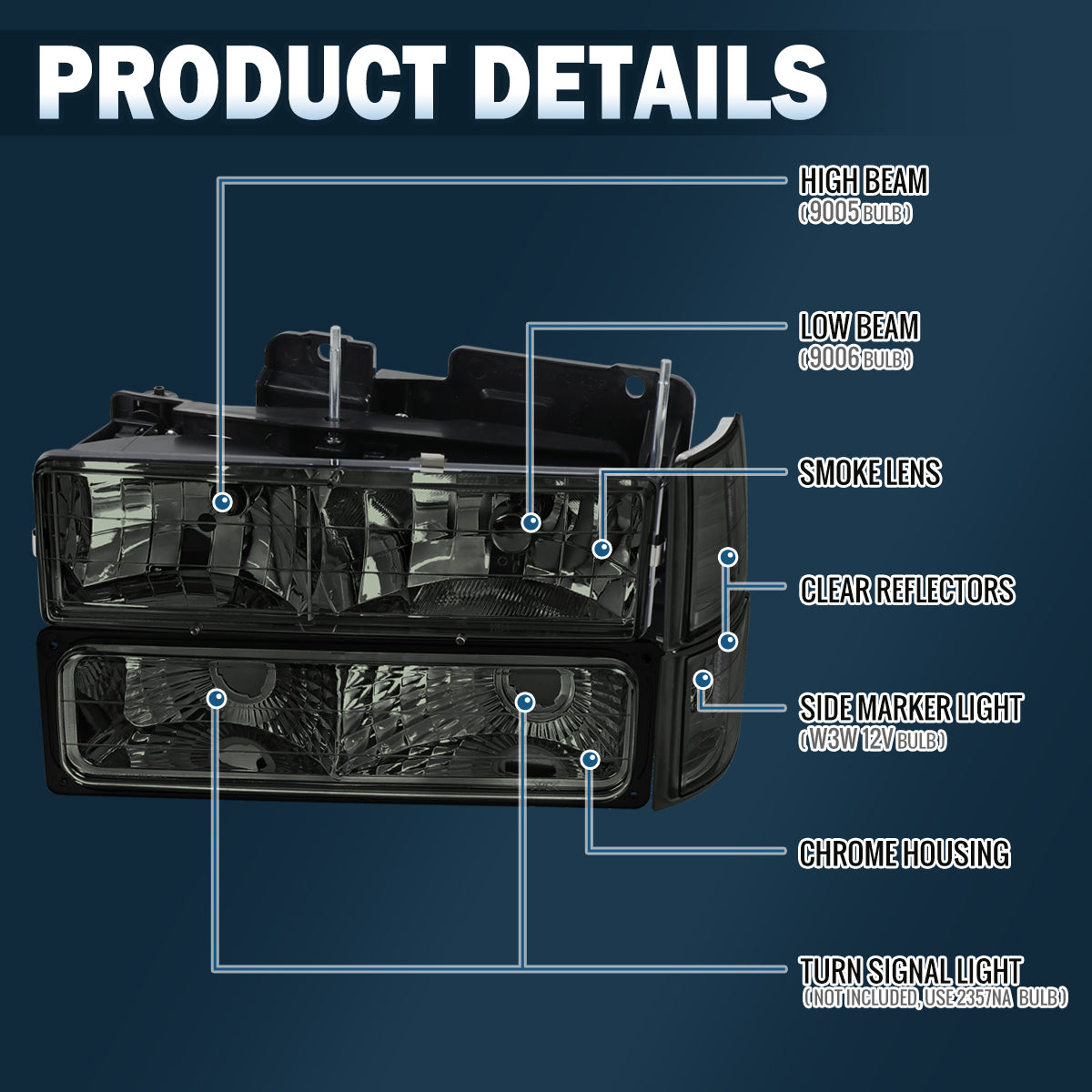 Ronnin - Se adapta a 1994-1998 GMC C10 C/K Suburban Yukon Sierra Faros con reflector transparente + Luces de esquina + Conjunto de luces de estacionamiento para parachoques Par | Ahumado