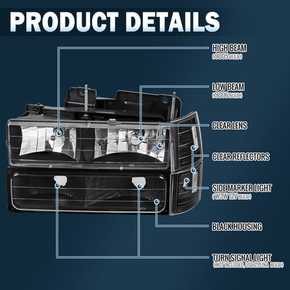 Ronnin - Compatible con GMC C10 C/K Suburban Yukon Sierra 1994-1998 Faros delanteros con reflector transparente + luces de esquina + luces de estacionamiento de parachoques. Par | Negro