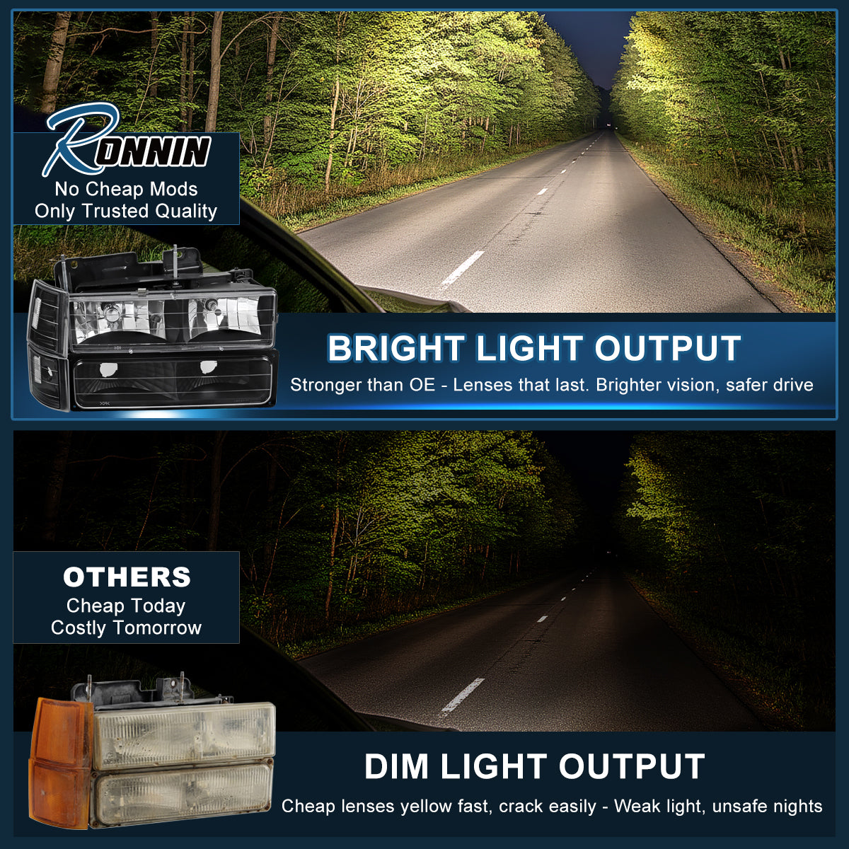 Ronnin - Compatible con GMC C10 C/K Suburban Yukon Sierra 1994-1998 Faros delanteros con reflector transparente + luces de esquina + luces de estacionamiento de parachoques. Par | Negro