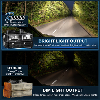 Ronnin - Compatible con GMC C10 C/K Suburban Yukon Sierra 1994-1998 Faros delanteros con reflector transparente + luces de esquina + luces de estacionamiento de parachoques. Par | Negro