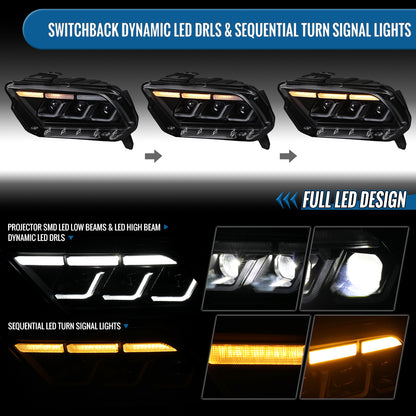 Ronnin - Fits 2010-2014 Ford Mustang Upgraded Replacement Full LED Triple Projector Headlights Switchback Sequential Signal + Animated Startup Effect Assembly Pair | Black