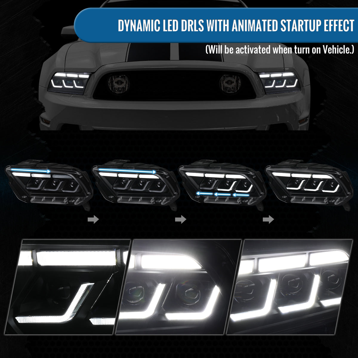 Ronnin - Fits 2010-2014 Ford Mustang Upgraded Replacement Full LED Triple Projector Headlights Switchback Sequential Signal + Animated Startup Effect Assembly Pair | Black