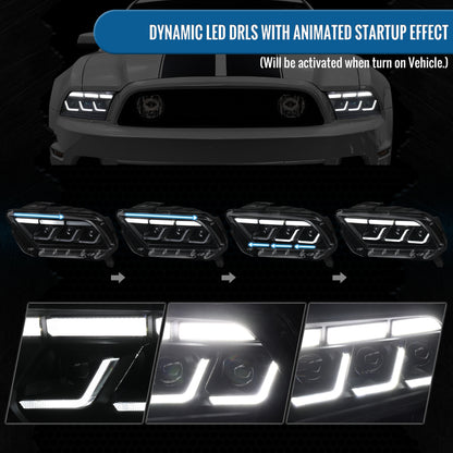 Ronnin - Fits 2010-2014 Ford Mustang Upgraded Replacement Full LED Triple Projector Headlights Switchback Sequential Signal + Animated Startup Effect Assembly Pair | Black