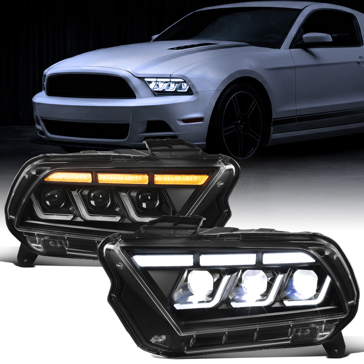 Ronnin - Fits 2010-2014 Ford Mustang Upgraded Replacement Full LED Triple Projector Headlights Switchback Sequential Signal + Animated Startup Effect Assembly Pair | Black
