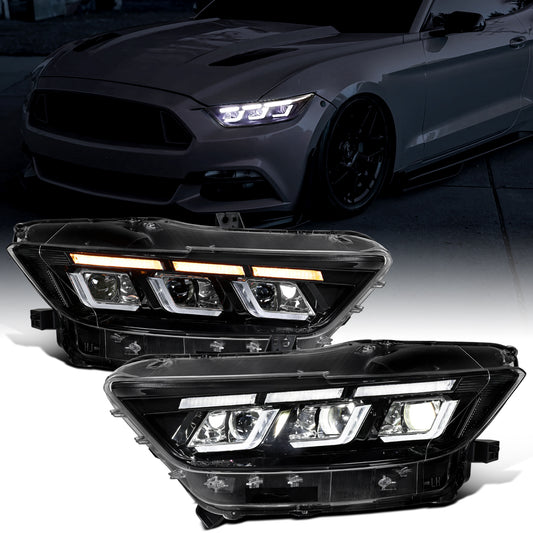 Ronnin - Fits 2015-2022 Ford Mustang HID Models Upgraded Replacement Full LED Triple Projector Headlights Switchback Sequential Signal + Animated Startup Effect Pair | Glossy Black