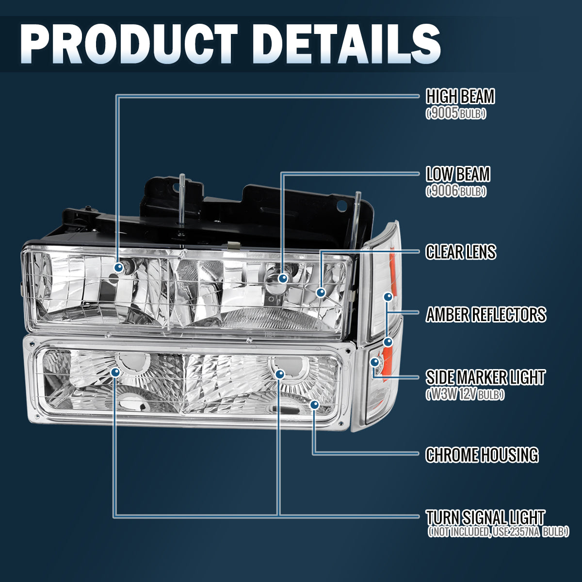 Ronnin - Compatible con GMC C10 C/K Suburban Yukon Sierra de 1994-1998 Faros Delanteros + Intermitentes + Luces de Estacionamiento de Parachoques Ensamblaje Par | Cromo