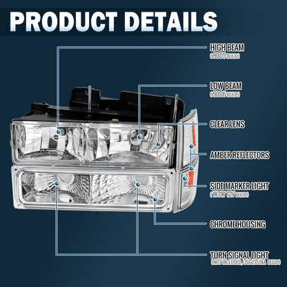 Ronnin - Compatible con GMC C10 C/K Suburban Yukon Sierra de 1994-1998 Faros Delanteros + Intermitentes + Luces de Estacionamiento de Parachoques Ensamblaje Par | Cromo