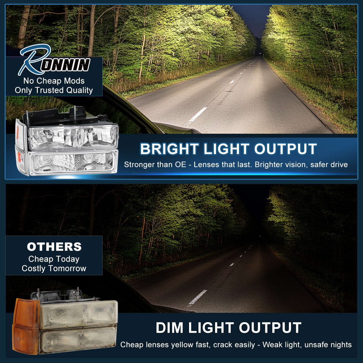 Ronnin - Compatible con GMC C10 C/K Suburban Yukon Sierra de 1994-1998 Faros Delanteros + Intermitentes + Luces de Estacionamiento de Parachoques Ensamblaje Par | Cromo