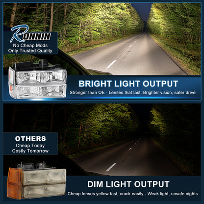 Ronnin - Compatible con GMC C10 C/K Suburban Yukon Sierra de 1994-1998 Faros Delanteros + Intermitentes + Luces de Estacionamiento de Parachoques Ensamblaje Par | Cromo