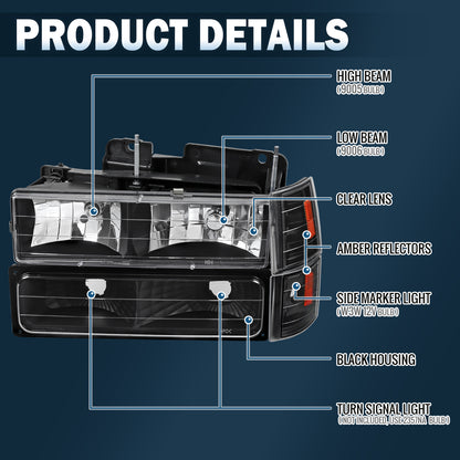 Ronnin - Compatible con GMC C10 C/K Suburban Yukon Sierra de 1994-1998 Faros delanteros + Luces de esquina + Conjunto de luces de estacionamiento de parachoques | Par | Negro