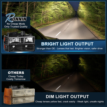 Ronnin - Compatible con GMC C10 C/K Suburban Yukon Sierra de 1994-1998 Faros delanteros + Luces de esquina + Conjunto de luces de estacionamiento de parachoques | Par | Negro
