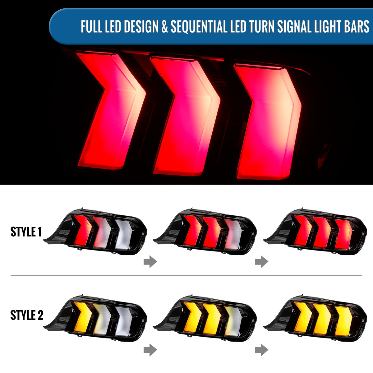 2024-2026 Ford Mustang Full LED Animated Startup + Yellow and Red Switchback Sequential Turn Signals Tail Lights Assembly Pair | Black