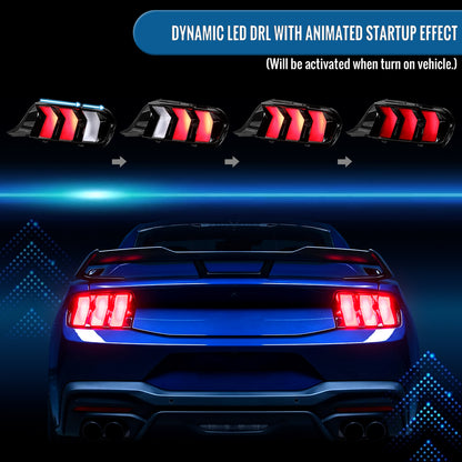 2024-2026 Ford Mustang Full LED Animated Startup + Yellow and Red Switchback Sequential Turn Signals Tail Lights Assembly Pair | Black
