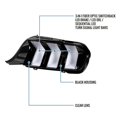 2024-2026 Ford Mustang Full LED Animated Startup + Yellow and Red Switchback Sequential Turn Signals Tail Lights Assembly Pair | Black