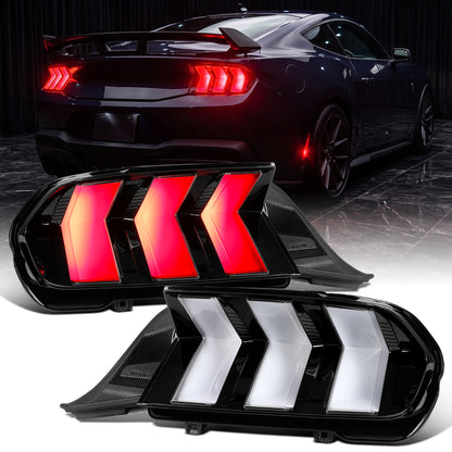 2024-2026 Ford Mustang Full LED Animated Startup + Yellow and Red Switchback Sequential Turn Signals Tail Lights Assembly Pair | Black