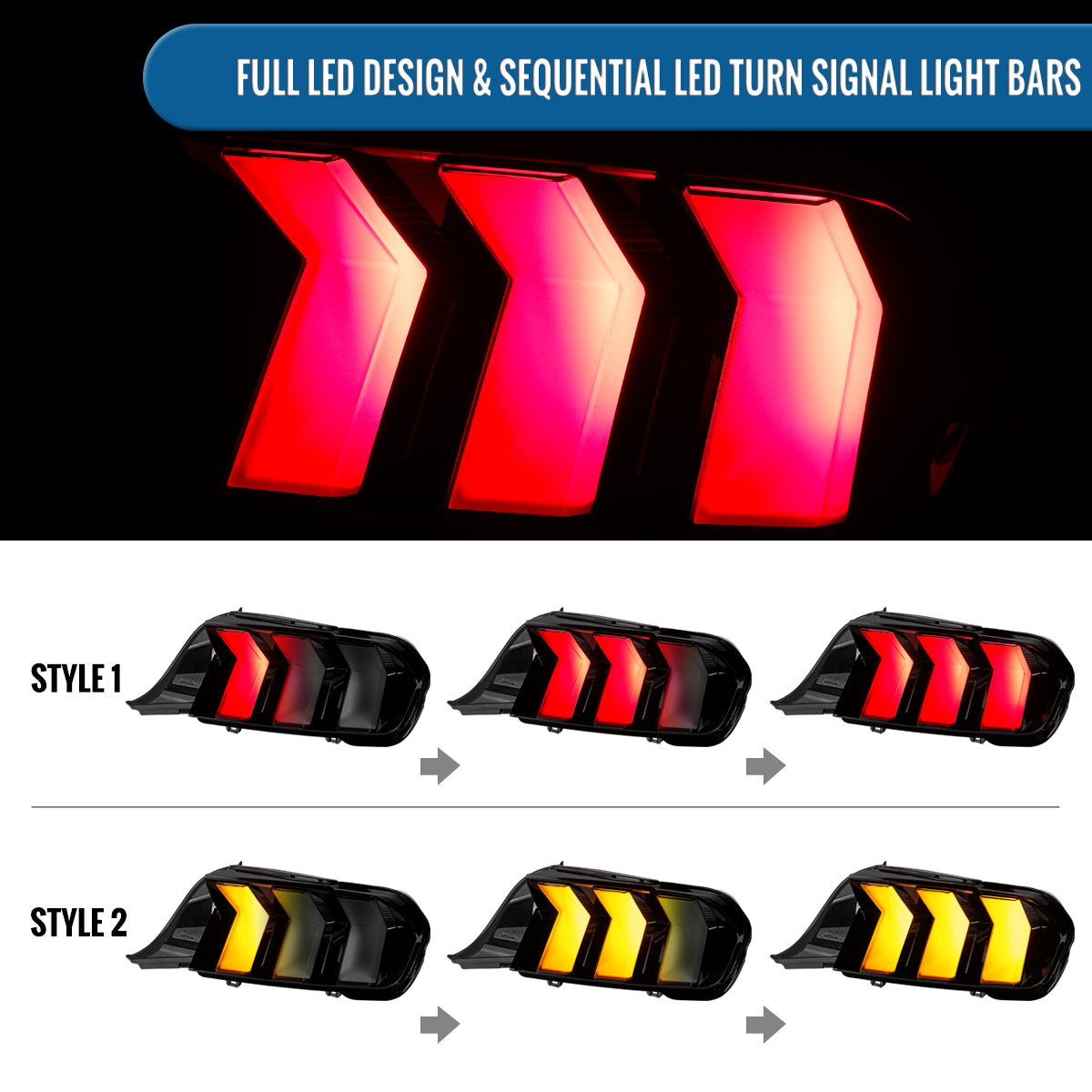2024-2026 Ford Mustang Full LED Animated Startup + Yellow and Red Switchback Sequential Turn Signals Tail Lights Assembly Pair | Black Smoke